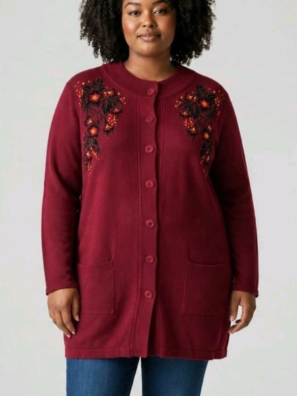 Bob Mackie Wearable Art Cardigan 2X Burgundy Floral Embroidered Button Sweater